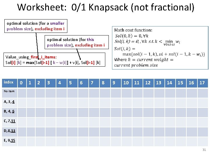 Worksheet: 0/1 Knapsack (not fractional) optimal solution (for a smaller problem size), excluding item