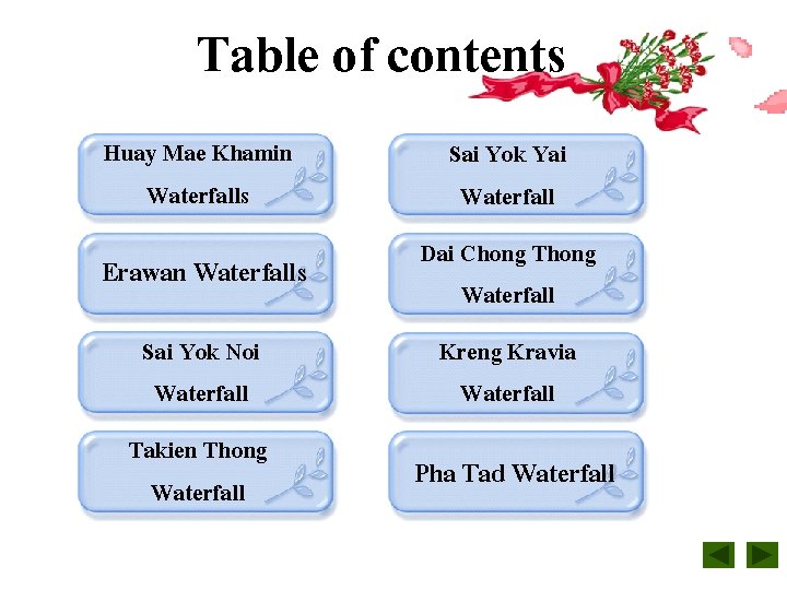 Table of contents Huay Mae Khamin Waterfalls Sai Yok Yai Waterfall Erawan Waterfalls Dai