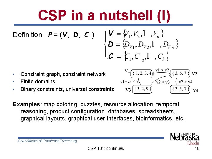 CSP in a nutshell (I) Definition: P = (V, D, C ) • •