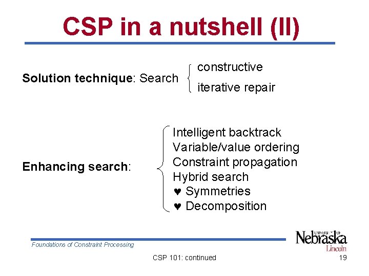 CSP in a nutshell (II) Solution technique: Search Enhancing search: constructive iterative repair Intelligent