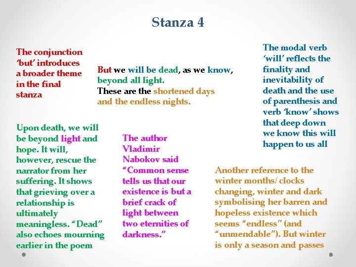 Stanza 4 The conjunction ‘but’ introduces a broader theme in the final stanza But