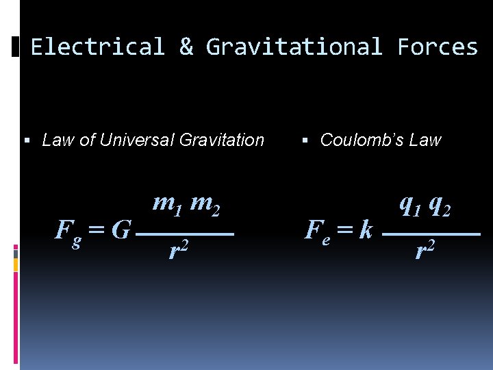 Electrical & Gravitational Forces Law of Universal Gravitation Fg = G m 1 m