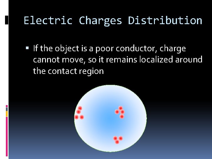 Electric Charges Distribution If the object is a poor conductor, charge cannot move, so