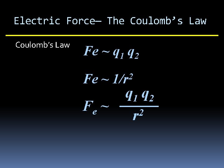 Electric Force— The Coulomb’s Law Fe ~ q 1 q 2 Fe ~ 2