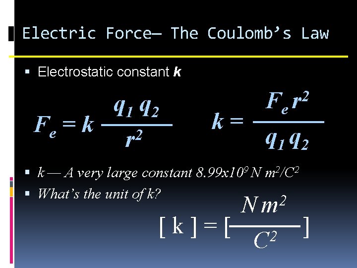 Electric Force— The Coulomb’s Law Electrostatic constant k Fe = k q 1 q