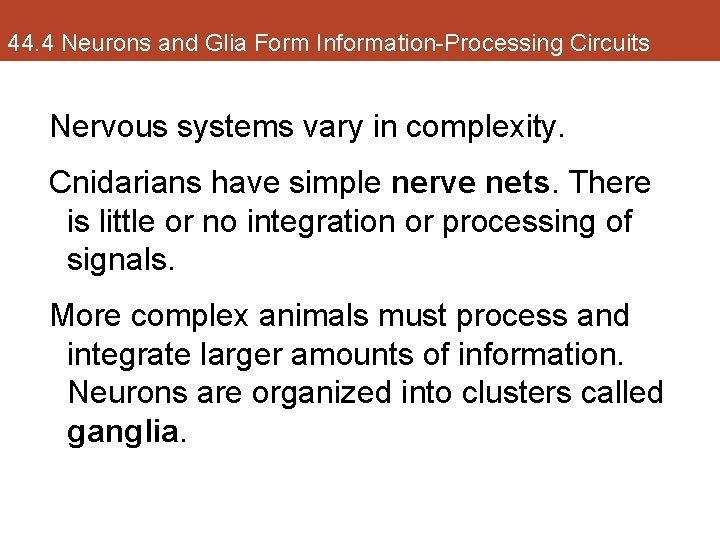 44. 4 Neurons and Glia Form Information-Processing Circuits Nervous systems vary in complexity. Cnidarians