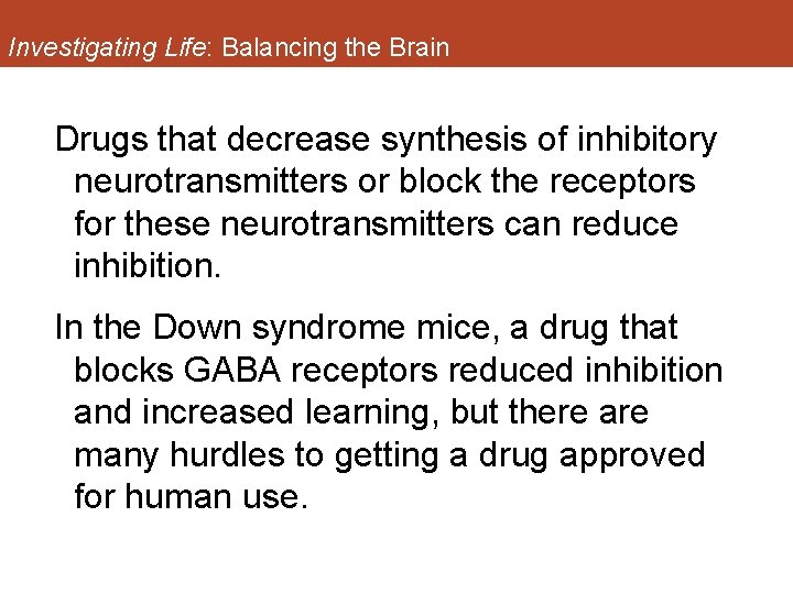 Investigating Life: Balancing the Brain Drugs that decrease synthesis of inhibitory neurotransmitters or block
