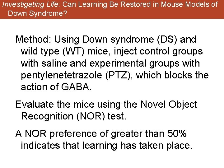 Investigating Life: Can Learning Be Restored in Mouse Models of Down Syndrome? Method: Using