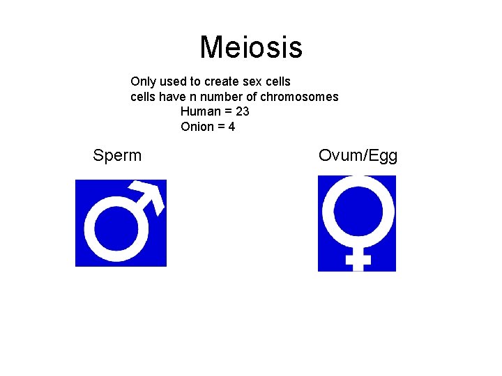 Meiosis Only used to create sex cells have n number of chromosomes Human =