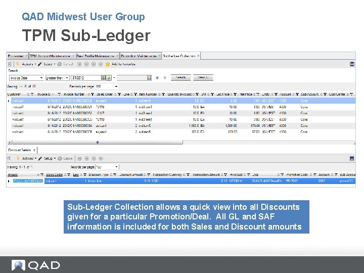 QAD Midwest User Group TPM Sub-Ledger Collection allows a quick view into all Discounts QAD Midwest User Group TPM Sub-Ledger Collection allows a quick view into all Discounts