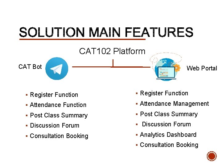 CAT 102 Platform CAT Bot Web Portal § Register Function § Attendance Management §