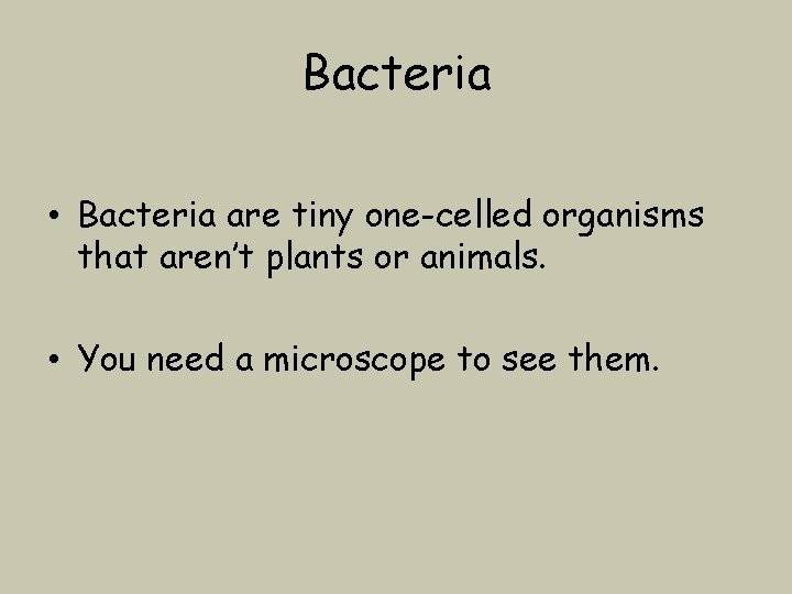 Bacteria • Bacteria are tiny one-celled organisms that aren’t plants or animals. • You