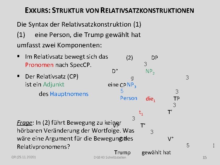 EXKURS: STRUKTUR VON RELATIVSATZKONSTRUKTIONEN Die Syntax der Relativsatzkonstruktion (1) eine Person, die Trump gewählt