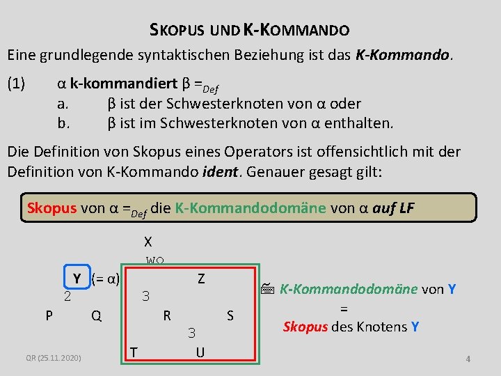 SKOPUS UND K-KOMMANDO Eine grundlegende syntaktischen Beziehung ist das K-Kommando. (1) α k-kommandiert β