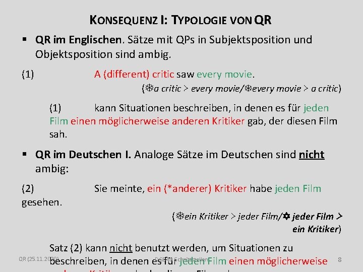 KONSEQUENZ I: TYPOLOGIE VON QR § QR im Englischen. Sätze mit QPs in Subjektsposition