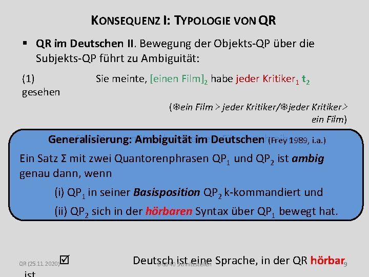 KONSEQUENZ I: TYPOLOGIE VON QR § QR im Deutschen II. Bewegung der Objekts-QP über