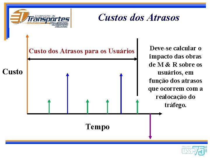 Custos dos Atrasos Custo dos Atrasos para os Usuários Custo Tempo Deve-se calcular o