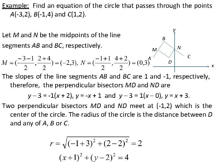 Example: Find an equation of the circle that passes through the points A(-3, 2),