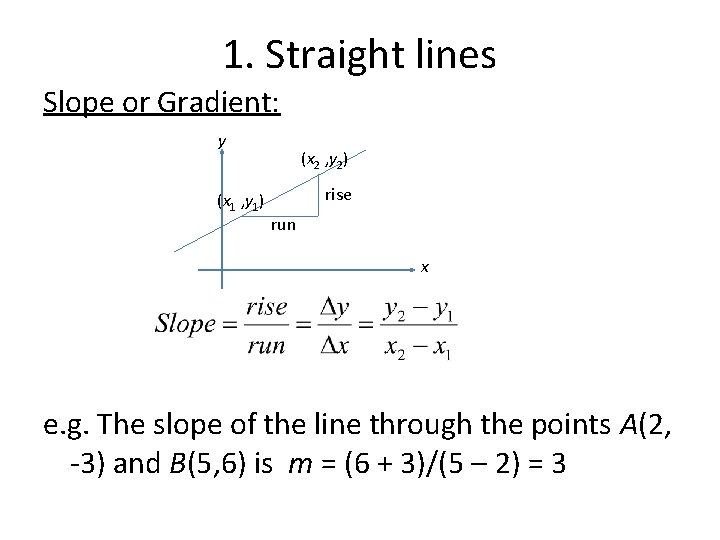 1. Straight lines Slope or Gradient: y (x 1 , y 1) (x 2