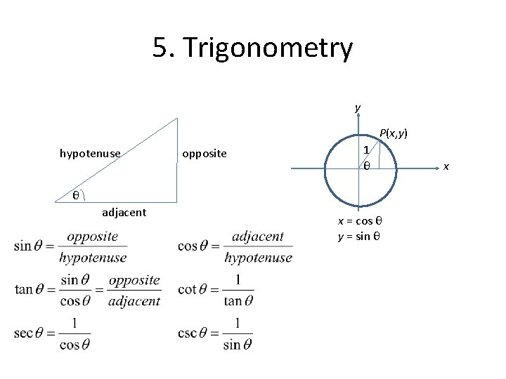 5. Trigonometry y P(x, y) hypotenuse opposite 1 θ θ adjacent x = cos