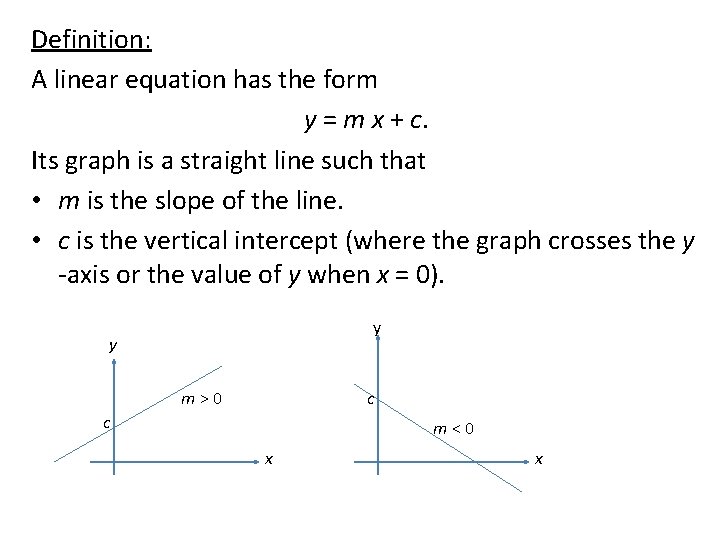 Definition: A linear equation has the form y = m x + c. Its