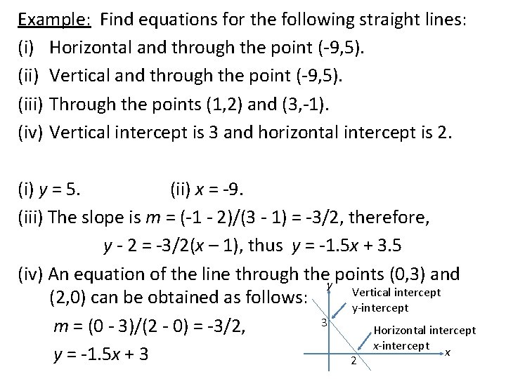 Example: Find equations for the following straight lines: (i) Horizontal and through the point