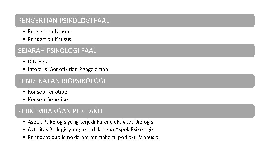 PENGERTIAN PSIKOLOGI FAAL • Pengertian Umum • Pengertian Khusus SEJARAH PSIKOLOGI FAAL • D.