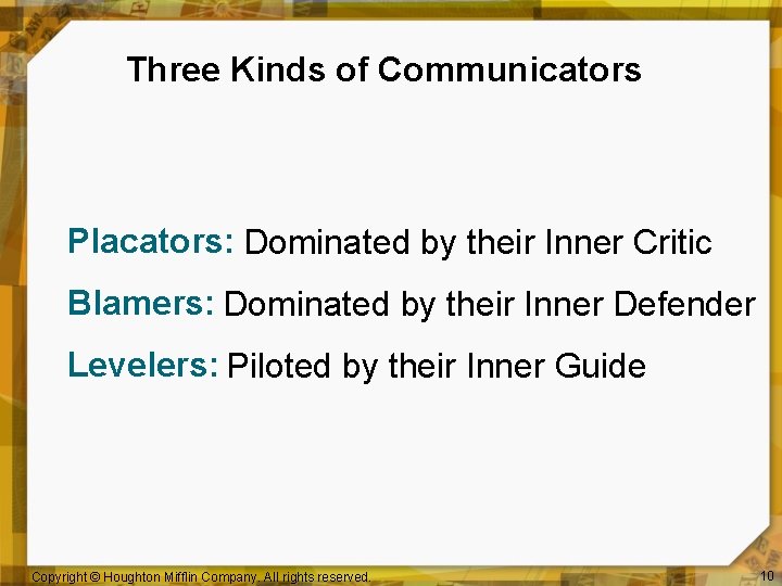 Three Kinds of Communicators Placators: Dominated by their Inner Critic Blamers: Dominated by their