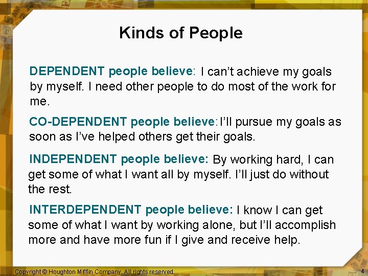 Kinds of People DEPENDENT people believe: I can’t achieve my goals by myself. I