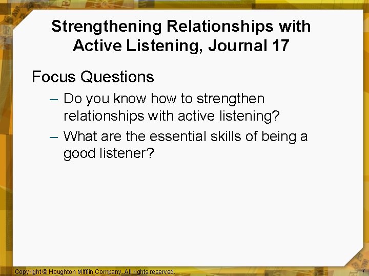 Strengthening Relationships with Active Listening, Journal 17 Focus Questions – Do you know how
