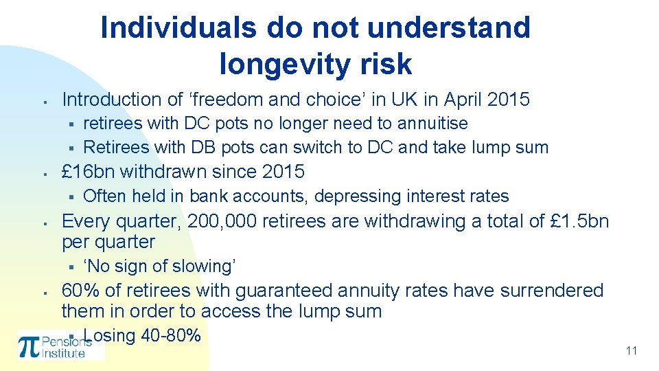 Individuals do not understand longevity risk § Introduction of ‘freedom and choice’ in UK Individuals do not understand longevity risk § Introduction of ‘freedom and choice’ in UK