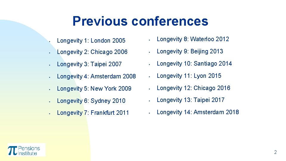 Previous conferences § Longevity 1: London 2005 § Longevity 8: Waterloo 2012 § Longevity Previous conferences § Longevity 1: London 2005 § Longevity 8: Waterloo 2012 § Longevity