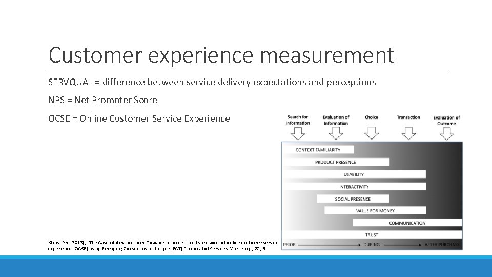 Customer experience measurement SERVQUAL = difference between service delivery expectations and perceptions NPS =