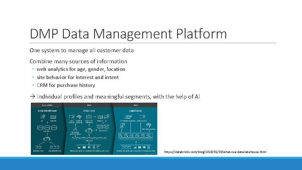 DMP Data Management Platform One system to manage all customer data Combine many sources