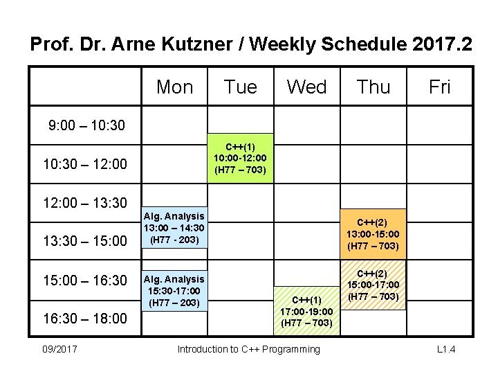 Prof. Dr. Arne Kutzner / Weekly Schedule 2017. 2 Mon Tue Wed Thu Fri