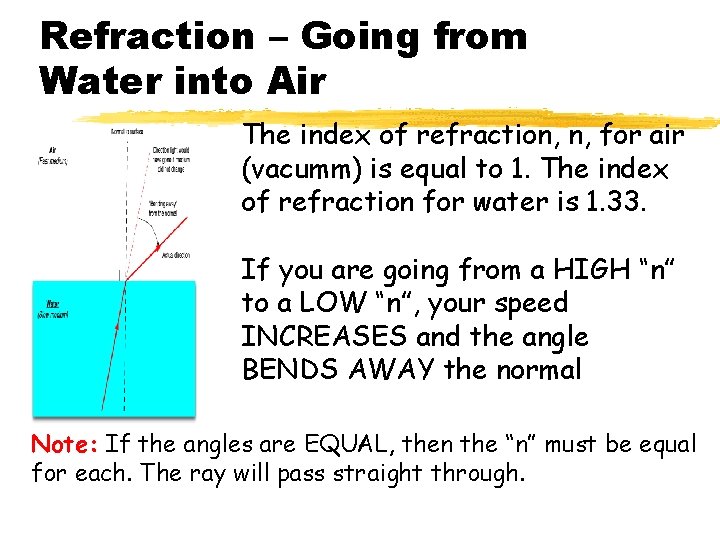 Refraction – Going from Water into Air The index of refraction, n, for air