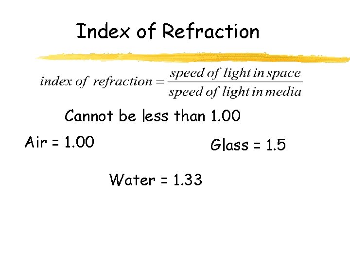 Index of Refraction Cannot be less than 1. 00 Air = 1. 00 Glass