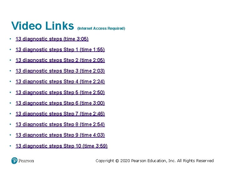 Video Links (Internet Access Required) • 13 diagnostic steps (time 3: 05) • 13