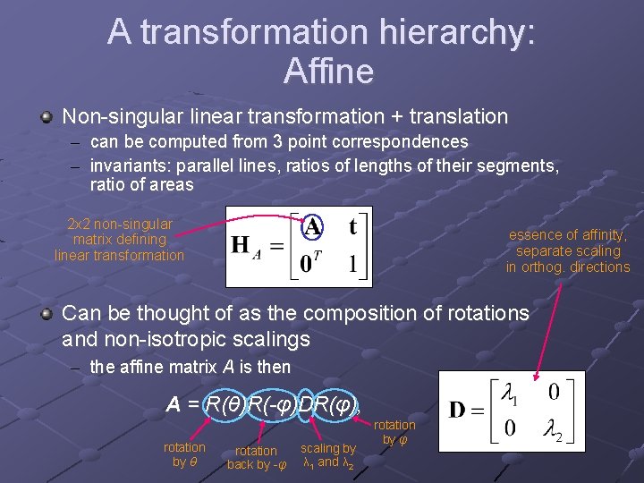 A transformation hierarchy: Affine Non-singular linear transformation + translation – can be computed from