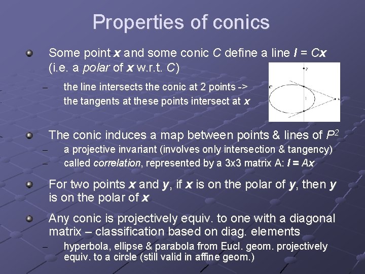 Properties of conics Some point x and some conic C define a line l