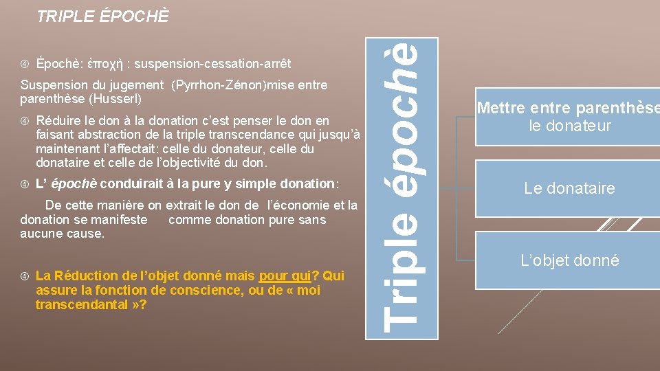  Épochè: ἐποχὴ : suspension-cessation-arrêt Suspension du jugement (Pyrrhon-Zénon)mise entre parenthèse (Husserl) Réduire le