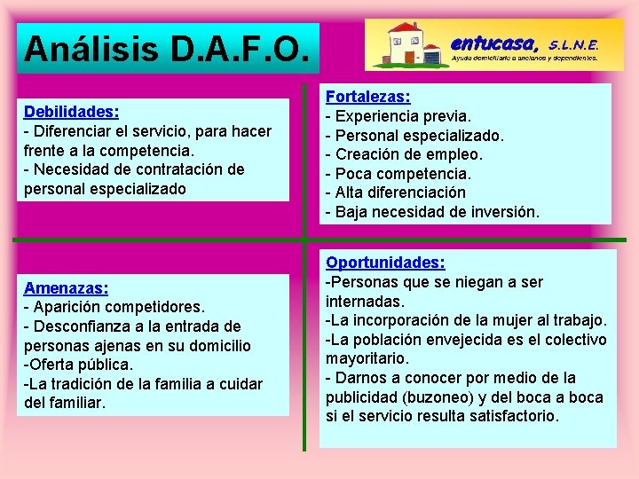 Análisis D. A. F. O. Debilidades: - Diferenciar el servicio, para hacer frente a