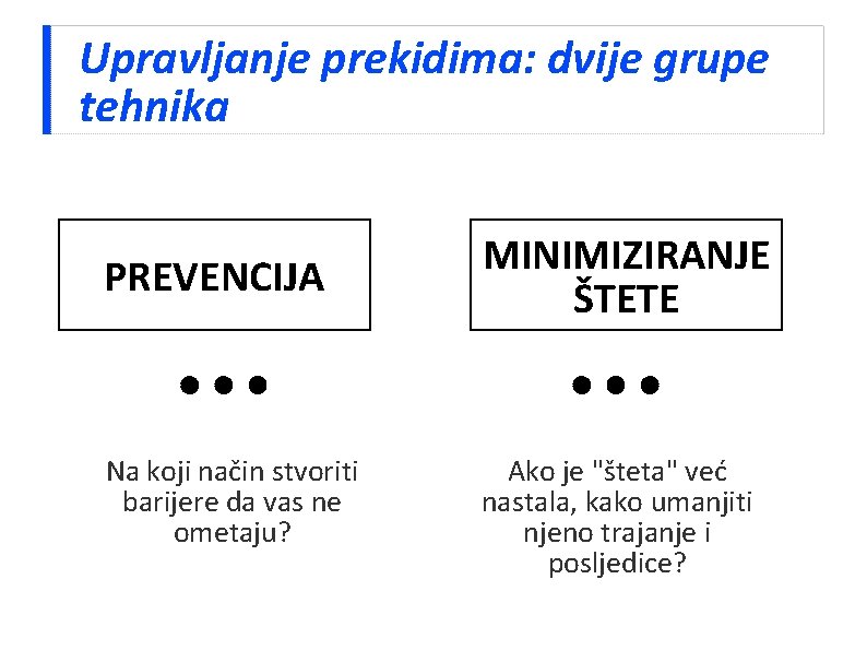 Upravljanje prekidima: dvije grupe tehnika PREVENCIJA MINIMIZIRANJE ŠTETE Na koji način stvoriti barijere da