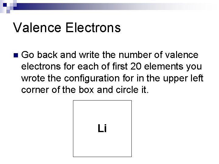 Valence Electrons n Go back and write the number of valence electrons for each