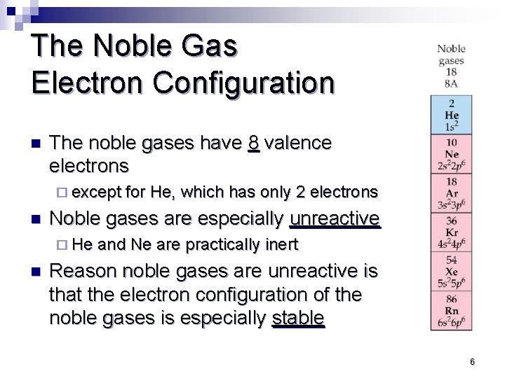 The Noble Gas Electron Configuration n The noble gases have 8 valence electrons ¨