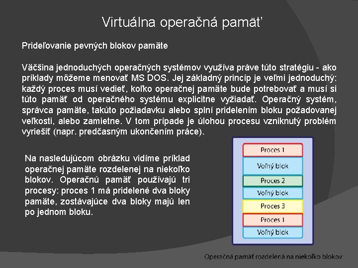Virtuálna operačná pamäť Prideľovanie pevných blokov pamäte Väčšina jednoduchých operačných systémov využíva práve túto