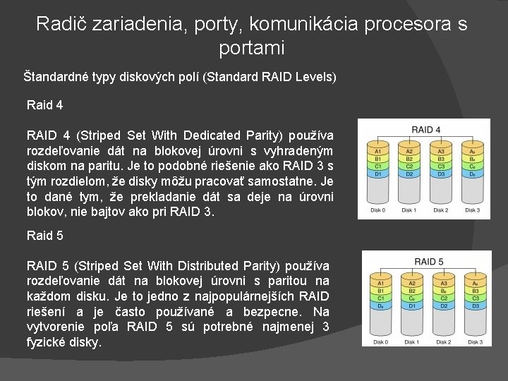 Radič zariadenia, porty, komunikácia procesora s portami Štandardné typy diskových polí (Standard RAID Levels)