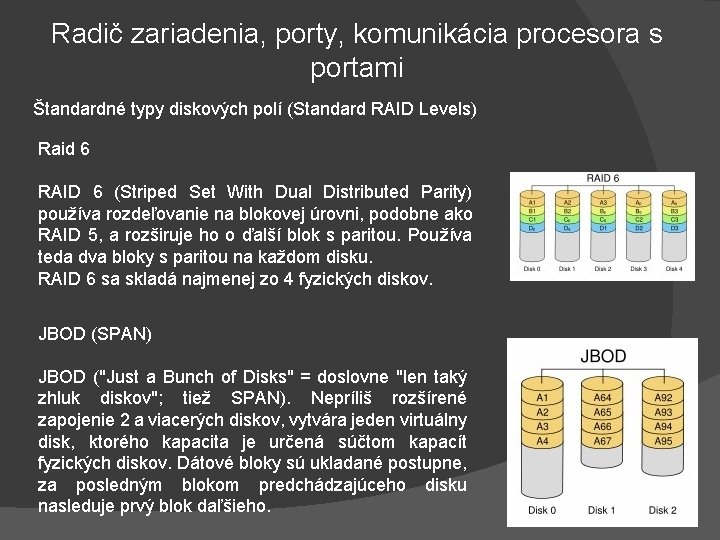 Radič zariadenia, porty, komunikácia procesora s portami Štandardné typy diskových polí (Standard RAID Levels)