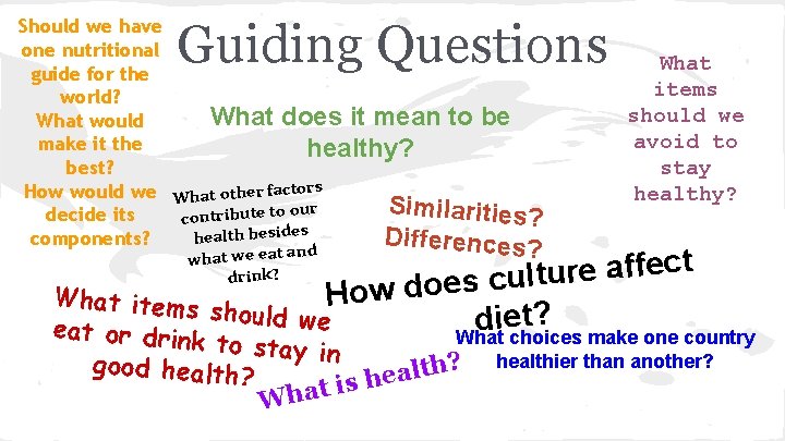 Guiding Questions Should we have one nutritional guide for the world? What does it