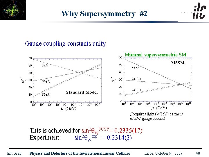 Why Supersymmetry #2 Gauge coupling constants unify Minimal supersymmetric SM (Requires light (< Te.